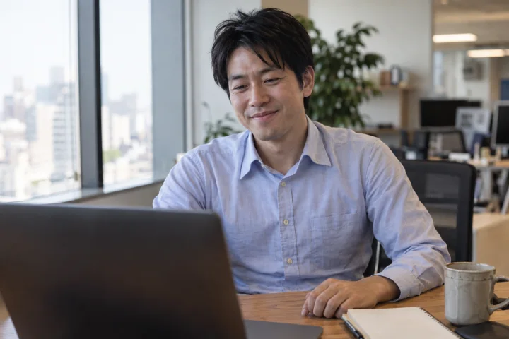 オンライン会議で気持ちが伝わり、ほっと微笑むビジネスパーソンのイメージ